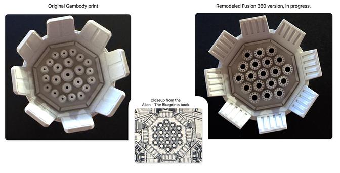 Two 3d printed engines from the Nostromo ship from the movie Alien. The one on the left is the original from Gambody, on the right my remodeling to be more accurate to the blueprints (small excerpt of them shown between the two)