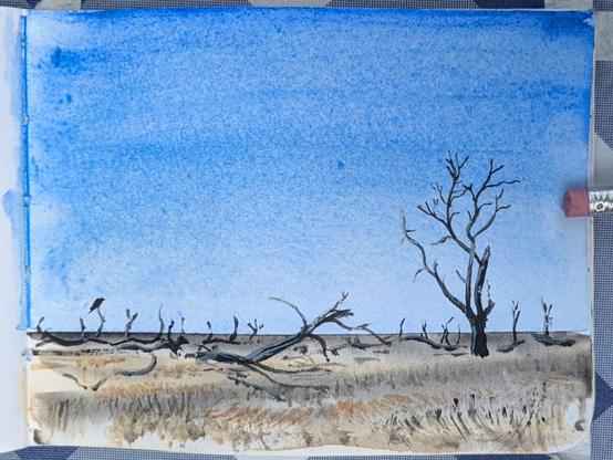 Watercolor sketch of dry grass with some dead, leafless trees, under a grainy blue sky. A vulture looks on