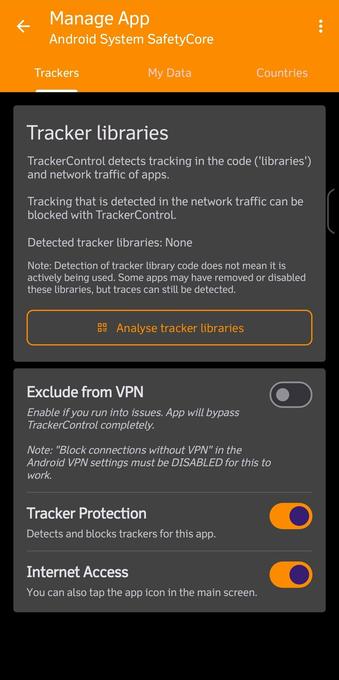 Tracker Control app screen with hostile libraries detection.