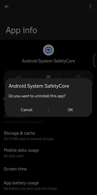 Android System “Safety” Core app properties with the uninstall prompt.