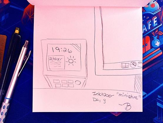 A pencil drawing of a mini computer next to a normal sized computer. The theme for Inktober was "miniature".