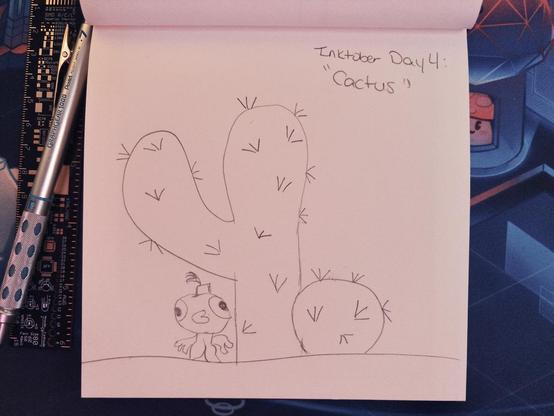 A pencil drawing of a big cactus, with small cactus, and a little "Bing Bong" character from the game PEAK.