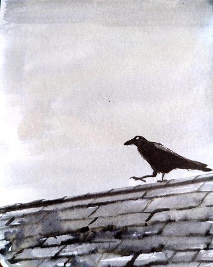 Ink drawing of a crow walking to the left along a roof ridge, silhouetted against a lightly overcast sky.