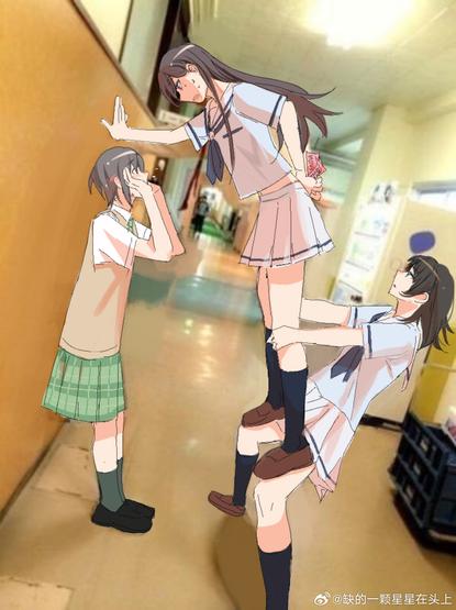 Danbooru tags: 3girls arm_behind_back bang_dream! bang_dream!_it's_mygo!!!!! black_hair black_shoes black_socks blue_neckerchief blue_shirt blush brown_hair brown_shoes brown_sweater_vest chinese_commentary commentary_request ear_blush embarrassed feiyu30903448 green_eyes green_necktie green_skirt green_socks grey_hair hanasakigawa_school_uniform hands_up haneoka_school_uniform highres kabedon kneehighs lifting_person loafers long_hair medium_hair meme_request midriff_peek multiple_girls navel neckerchief necktie nervous_sweating open_mouth photo-referenced photo_background plaid_clothes plaid_skirt pleated_skirt purple_eyes sailor_collar school_uniform serafuku shiina_taki shirt shoes short_hair skirt socks summer_uniform sweat sweater_vest takamatsu_tomori watermark weibo_watermark white_sailor_collar white_skirt yahata_umiri yuri