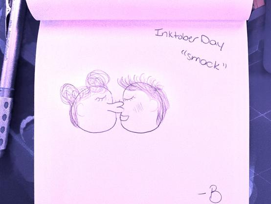 A pencil drawing of a person with hair buns smacking her lips against another person with short spiky hair.