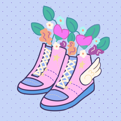 An illustration of pink and blue high top sneakers with wings on the side, and flowers coming out of the top of the shoes. They vary in style and colors of pink, beige, and purple. The background is light blue with a dots pattern.