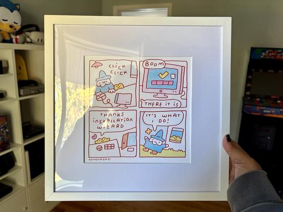 A printed comic from heyheymomo in blue, pink and yellow color themes.