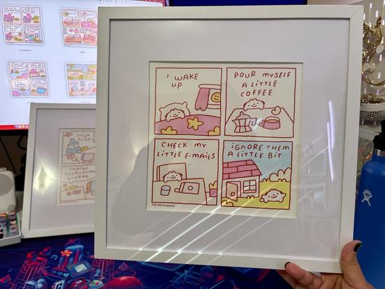 A printed comic from heyheymomo in blue, pink and yellow color themes.