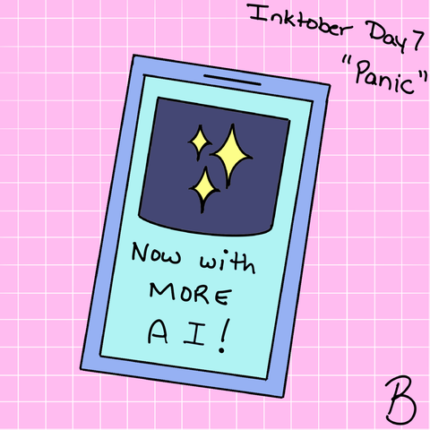 An illustration of a mobile phone in light blue, teal, and dark blue, with sparkles and the text "Now with more AI!" on the front. It sits on a pink background with white grid lines.