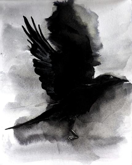Ink drawing of a crow in flight. The ink has gotten wet and is bleeding out into the surrounding paper.