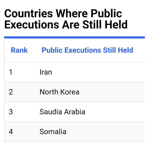 Countries where public executions are still held.
Iran, North Korea, Saudi Arabia, Somalia