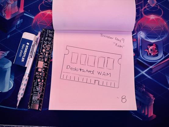 A photo of a pencil sketch of a stick of RAM with the throwback meme saying "Dedodated Wam", alongside a mechanical pencil and Adafruit ruler.