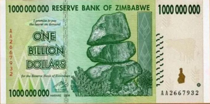 1 billion Zimbabwean dollar bill, then worth less than USD 1.