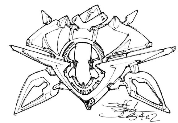 It's one of my weirdos! Overall shape much like an orchid flower variant; it is wide and flat in the direction of flight, toward us. Center of hull is multi sectional shields and greeble, with elegant pointed projections to sides and top.