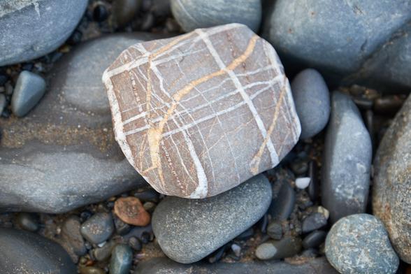 A reddish grey rock on a pebble beach, with wobbly white lines going across it like the warp and weft of a piece of woven fabric. There's also coppery looking lines running across in loose diagonal-ish lines.
