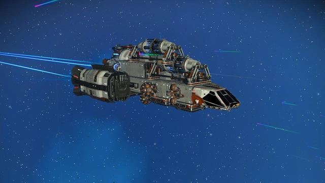 Screenshot of a corvette in No Man's Sky. Side view, big engines, weapons, reactors, no decorative parts.