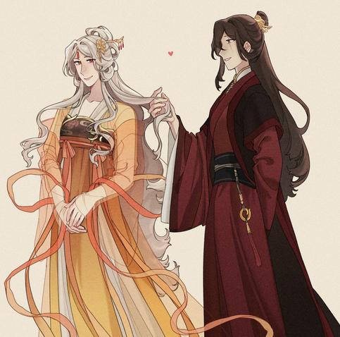 Danbooru tags: 2girls absurdres beidou_(genshin_impact) black_hair charathegay chinese_clothes chinese_hairpin commentary english_commentary genshin_impact hair_ornament hair_rings hair_stick hanfu heart highres holding_another's_hair multiple_girls ningguang_(genshin_impact) red_hanfu scar scar_across_eye scar_on_face topknot white_hair wide_sleeves yellow_hanfu yuri