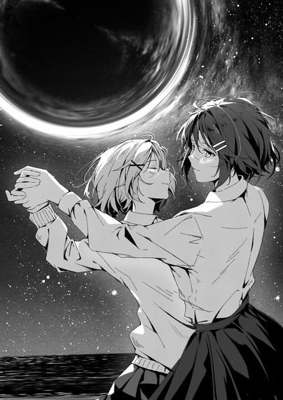 Danbooru tags: 17sai 2girls absurdres apocalypse black_hole chinese_commentary closed_eyes closed_mouth commentary_request cowboy_shot dancing greyscale hair_ornament hairclip hand_up highres holding_hands horizon monochrome multiple_girls night ocean original outdoors parallel_hairclips pleated_skirt shirt shirt_tucked_in short_hair skirt sky sky_focus star_(sky) starry_sky sweater x_hair_ornament yuri