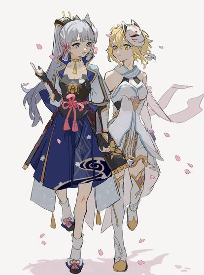 Danbooru tags: 2girls absurdres arm_guards armor armored_dress blonde_hair blunt_bangs blush boots breasts cherry_blossoms choker cleavage closed_mouth collarbone commentary_request detached_sleeves dress fox_mask full_body gauntlets genshin_impact grey_eyes grey_hair hair_ribbon hair_tubes highres holding_hands japanese_clothes kamisato_ayaka kamisato_clan_(emblem) kurattes long_hair looking_at_another looking_to_the_side lumine_(genshin_impact) mask mask_on_head medium_breasts multiple_girls open_mouth petals pink_ribbon ponytail ribbon scarf short_hair_with_long_locks sidelocks simple_background socks talking thigh_boots thighhighs tress_ribbon white_dress white_scarf white_socks yellow_eyes yuri
