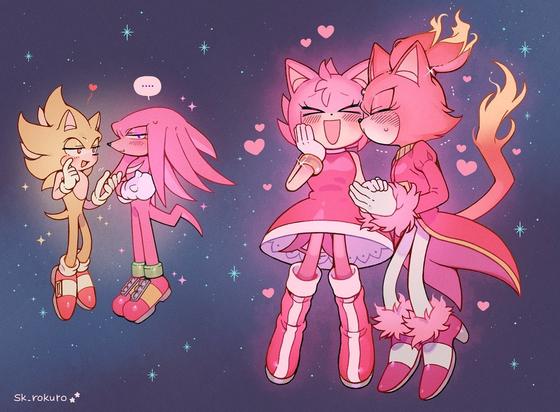 Danbooru tags: ... 2boys 2girls >_< amy_rose animal_ears animal_nose artist_name bare_shoulders black_sky blaze_the_cat blush boots bracelet breasts burning_blaze cat_ears cat_girl cat_tail closed_eyes closed_mouth commentary couple crossed_arms dress english_commentary eyelashes flying forehead_jewel fur-trimmed_boots fur-trimmed_sleeves fur_trim furry furry_female furry_male furry_with_furry gem gloves gold_bracelet gold_trim half-closed_eyes hand_on_own_face hands_up heart hedgehog_girl high_heels holding holding_hands jacket jewelry juliet_sleeves kiss kissing_cheek knuckles_the_echidna long_sleeves looking_at_another medium_breasts multiple_boys multiple_girls open_mouth pants pink_boots pink_dress pink_fur pink_gloves pink_jacket puffy_sleeves purple_eyes red_boots red_eyes red_gem red_shoes shoes short_tail sk_rokuro sky sleeveless sleeveless_dress sneakers socks sonic_(series) sonic_the_hedgehog space sparkle speech_bubble star_(sky) starry_sky super_amy_rose super_knuckles super_sonic sweat sweatdrop tail tongue white_gloves white_pants white_socks yaoi yellow_fur yuri
