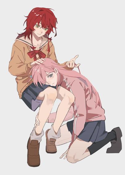Danbooru tags: 2girls black_socks blue_eyes bocchi_the_rock! commentary cube_hair_ornament gotoh_hitori green_eyes hair_behind_ear hair_ornament hair_over_one_eye hand_on_another's_leg highres holding_another's_hair jacket kita_ikuyo kneeling lap_pillow lingyi loafers long_hair looking_at_another loose_socks multiple_girls pink_hair pink_jacket red_hair school_uniform shoes shuka_high_school_uniform simple_background sitting skirt socks sweater track_jacket untranslatable_commentary white_background white_socks yuri