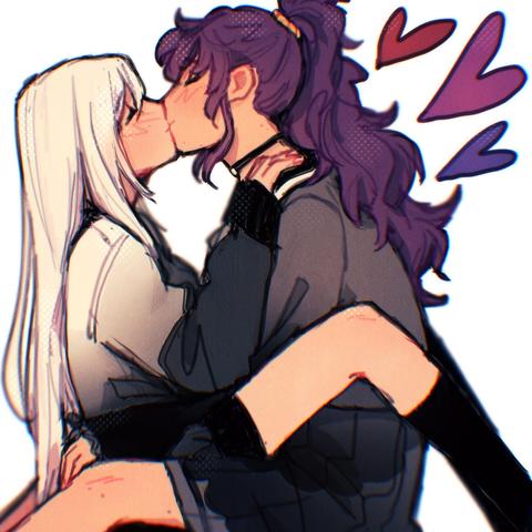 Danbooru tags: 2girls asahina_mafuyu between_legs black_choker black_socks blush choker chromatic_aberration closed_eyes commentary diezmil10000 english_commentary grey_jacket grey_shirt grey_skirt hands_on_another's_shoulders heart highres jacket kiss kneehighs long_hair long_sleeves multicolored_jacket multiple_girls pleated_skirt ponytail project_sekai purple_hair school_uniform serafuku shirt simple_background sitting sitting_on_lap sitting_on_person skirt socks two-tone_jacket white_background white_hair white_jacket yoisaki_kanade yuri