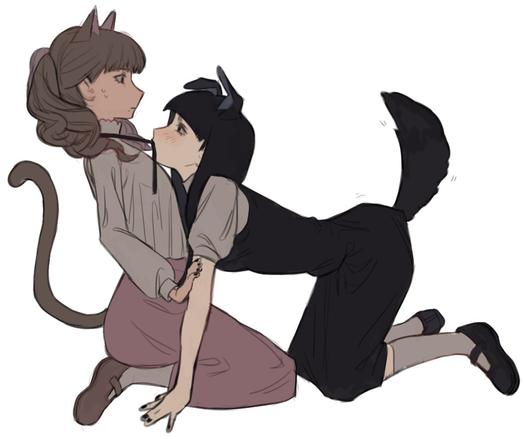 Danbooru tags: 2girls animal_ears black_hair black_ribbon blush brown_hair cat_ears cat_tail commentary dog_ears dog_tail dress english_commentary fear_&_hunger_(series) fear_&_hunger_2:_termina frilled_shirt_collar frills long_hair marina_(fear_&_hunger) multiple_girls neck_ribbon pink_skirt ribbon samarie_(fear_&_hunger) shirt simple_background skirt tail white_background white_shirt yamikarasu0198 yuri