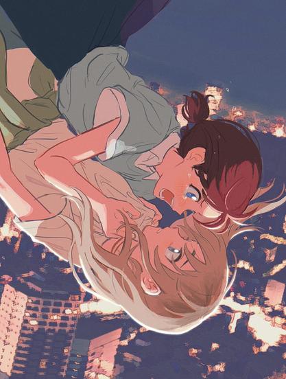 Danbooru tags: 2girls black_skirt blue_eyes blue_shirt blush brown_hair city clothes_around_waist clothes_grab commentary_request crying crying_with_eyes_open falling girls_band_cry grabbing_another's_shirt green_jacket grey_eyes highres iseri_nina jacket jacket_around_waist kawaragi_momoka midair multicolored_hair multiple_girls night open_mouth red_hair roots_(hair) shirt short_sleeves short_twintails shouting skirt tears twintails uruba white_shirt yuri