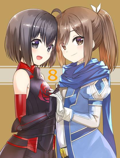 Danbooru tags: 2girls :d ahoge armor armpit_crease bare_shoulders black_armor black_eyes black_gloves black_hair blue_coat blue_scarf blush brown_background brown_eyes brown_hair check_commentary closed_mouth coat commentary_request detached_sleeves eyes_visible_through_hair faulds from_side gloves hair_between_eyes hair_ribbon heads_together holding_hands interlocked_fingers itai_no_wa_iya_nano_de_bougyoryoku_ni_kyokufuri_shitai_to_omoimasu juliet_sleeves koin_(foxmark) long_hair long_sleeves looking_at_viewer looking_to_the_side maple_(bofuri) multiple_girls official_art open_clothes open_coat open_mouth ponytail promotional_art puffy_sleeves red_sleeves ribbon sally_(bofuri) scarf short_hair sidelocks simple_background smile upper_body vambraces white_gloves yuri