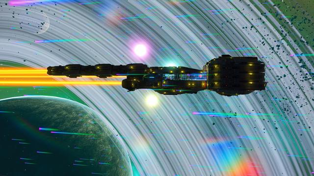The NMS Hyperbole scoots across the frame in profile against a backdrop of a green planet whose rings take up much of the background.

Its hard to tell from here, but the ship is massive. I've furnished and decorated every inch of the place, and the outer hull is covered in lights. I'm the heckin best.