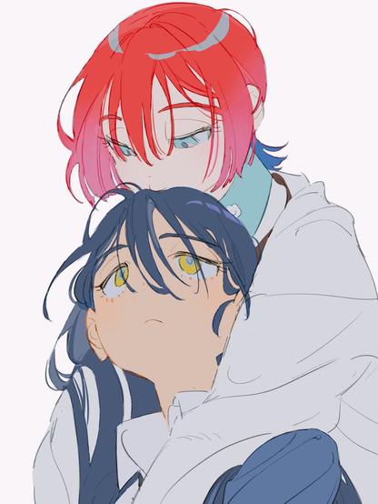 Danbooru tags: 2girls amate_yuzuriha aqua_eyes aqua_shirt black_hair gundam gundam_gquuuuuux half-closed_eyes highres hug hug_from_behind kissing_head long_hair looking_at_another looking_down looking_up multiple_girls nyaan_(gundam_gquuuuuux) red_hair shirt short_hair simple_background sweater tkrkve43 upper_body white_background white_sweater yellow_eyes yuri
