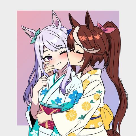 Danbooru tags: 2girls animal_ears blush brown_hair commentary_request floral_print floral_print_kimono gradient_background hand_on_another's_face highres horse_ears horse_girl hug hug_from_behind japanese_clothes kimono kiss kissing_cheek long_hair mejiro_mcqueen_(umamusume) multiple_girls obi one_eye_closed parted_lips pink_background ponytail print_kimono purple_background purple_eyes purple_hair sakuraji_rai sash smile tokai_teio_(umamusume) umamusume upper_body white_kimono yuri