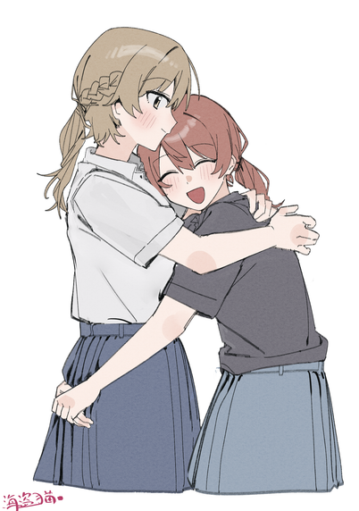 Danbooru tags: 2girls black_shirt blue_skirt blush brown_eyes brown_hair chinese_commentary closed_eyes commentary_request edamoto_haru haidao_mao highres hug long_hair multiple_girls open_mouth saeki_sayaka shirt simple_background skirt white_background white_shirt yagate_kimi_ni_naru yagate_kimi_ni_naru:_saeki_sayaka_ni_tsuite yuri