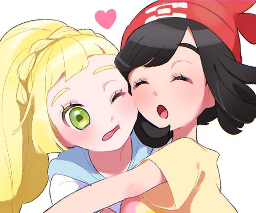 Danbooru tags: 2girls :o aria_pkmn bad_id bad_pixiv_id beanie black_hair blonde_hair blunt_bangs cheek-to-cheek closed_eyes commentary_request floral_print green_eyes hat heads_together heart highres lillie_(pokemon) long_hair multiple_girls one_eye_closed pokemon pokemon_sun_and_moon red_hat selene_(pokemon) shirt white_background white_shirt yuri