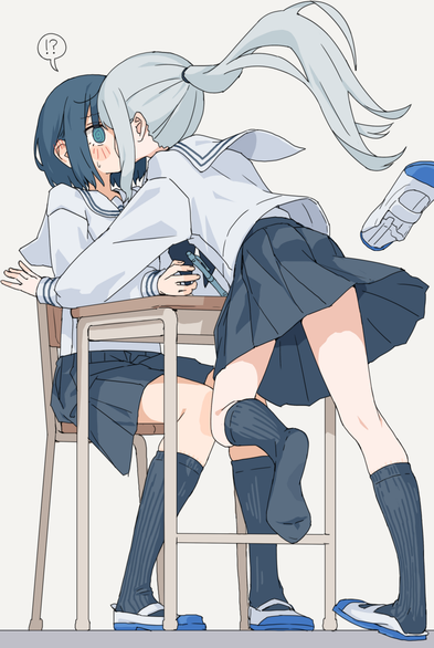 Danbooru tags: !? 2girls @_@ absurdres accidental_kiss amagasa_konoka black_skirt black_socks blue_eyes blue_hair blush commentary_request grey_hair highres hoshikado_sena kiss kneehighs kopaka_(karda_nui) long_hair mary_janes multiple_girls original pen pleated_skirt ponytail sailor_collar shirt shoes short_hair simple_background skirt socks spoken_interrobang sweat white_background white_sailor_collar white_shirt white_shoes yuri