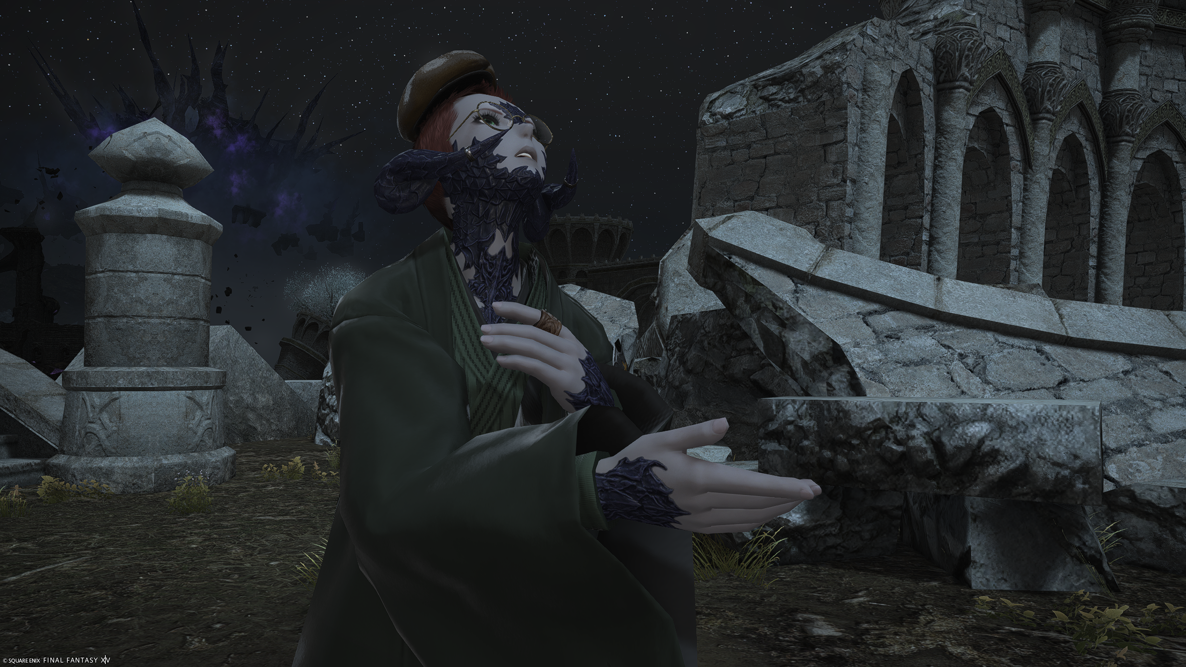 Anarchae talking earnestly upwards at someone tall off screen (a dragon). They're in an area with a lot of broken stoneworks and a grey sky and yeah everything is pretty unsaturated.