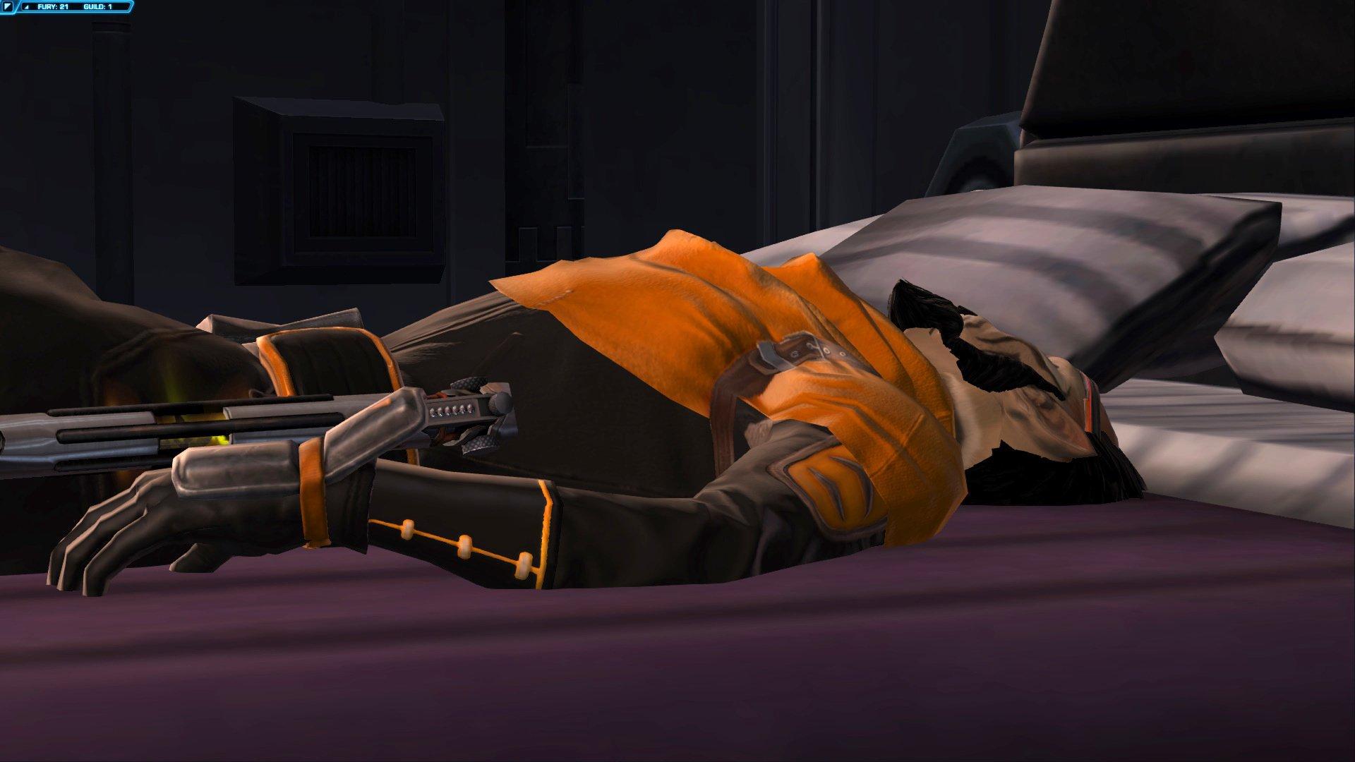 A screenshot from SWTOR, a rare one of me playing a male Cathar. Not that you can tell as he's asleep, on his back, with his head facing away from the camera.