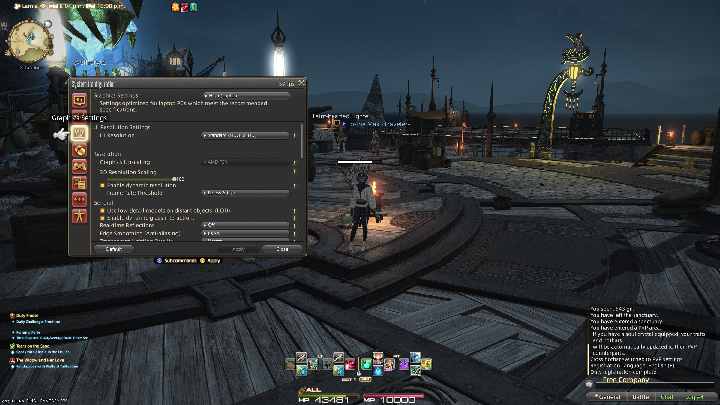 Screenshot with GUI on showing the System Settings screen open and Anarchae in the middle standing in Wolf's Den. It shows 60fps in the top right of the System menu.