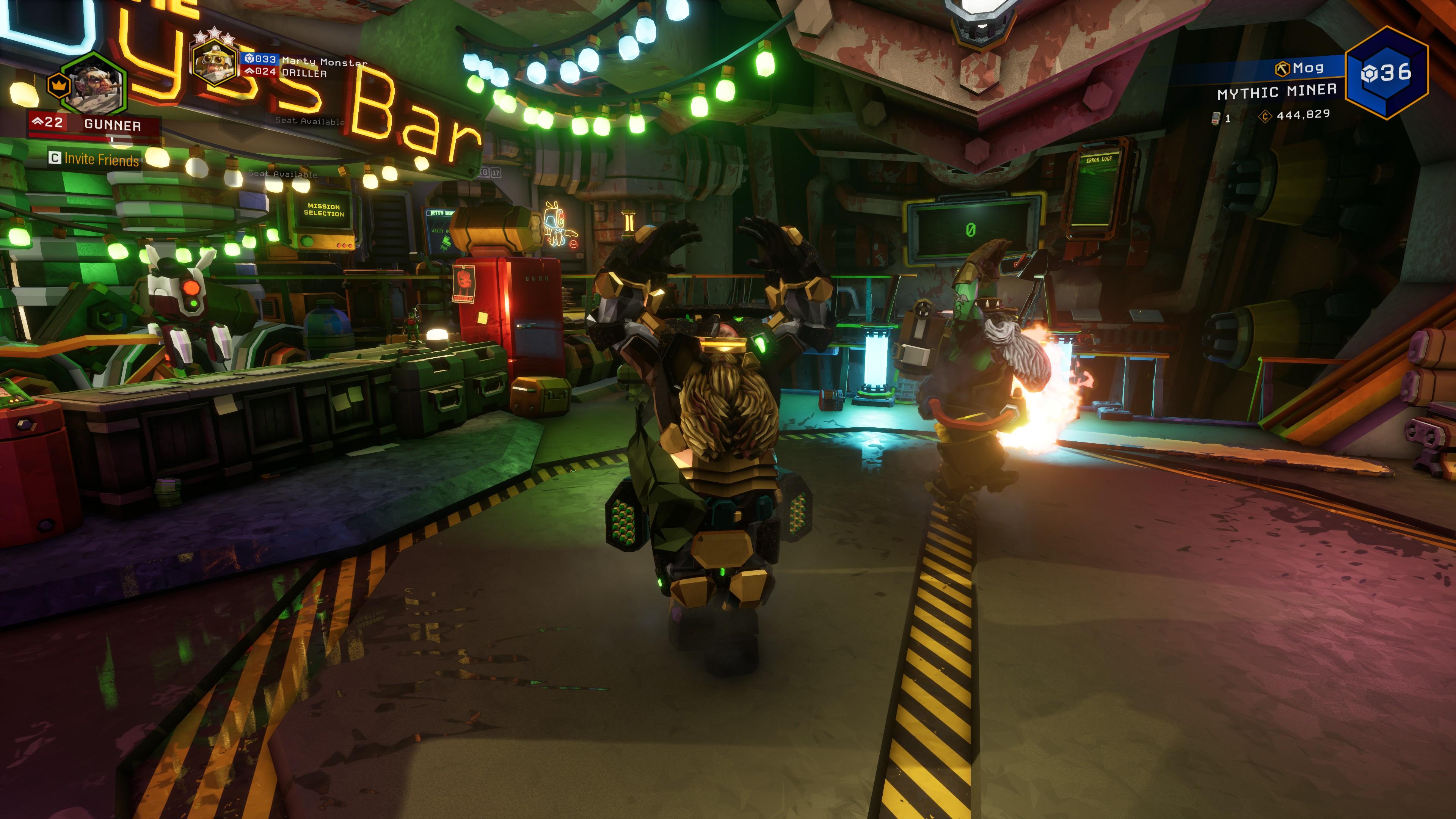 A screenshot from Deep Rock Galactic. Two dwarves do pirouttes under the influence of questionable alcohol.