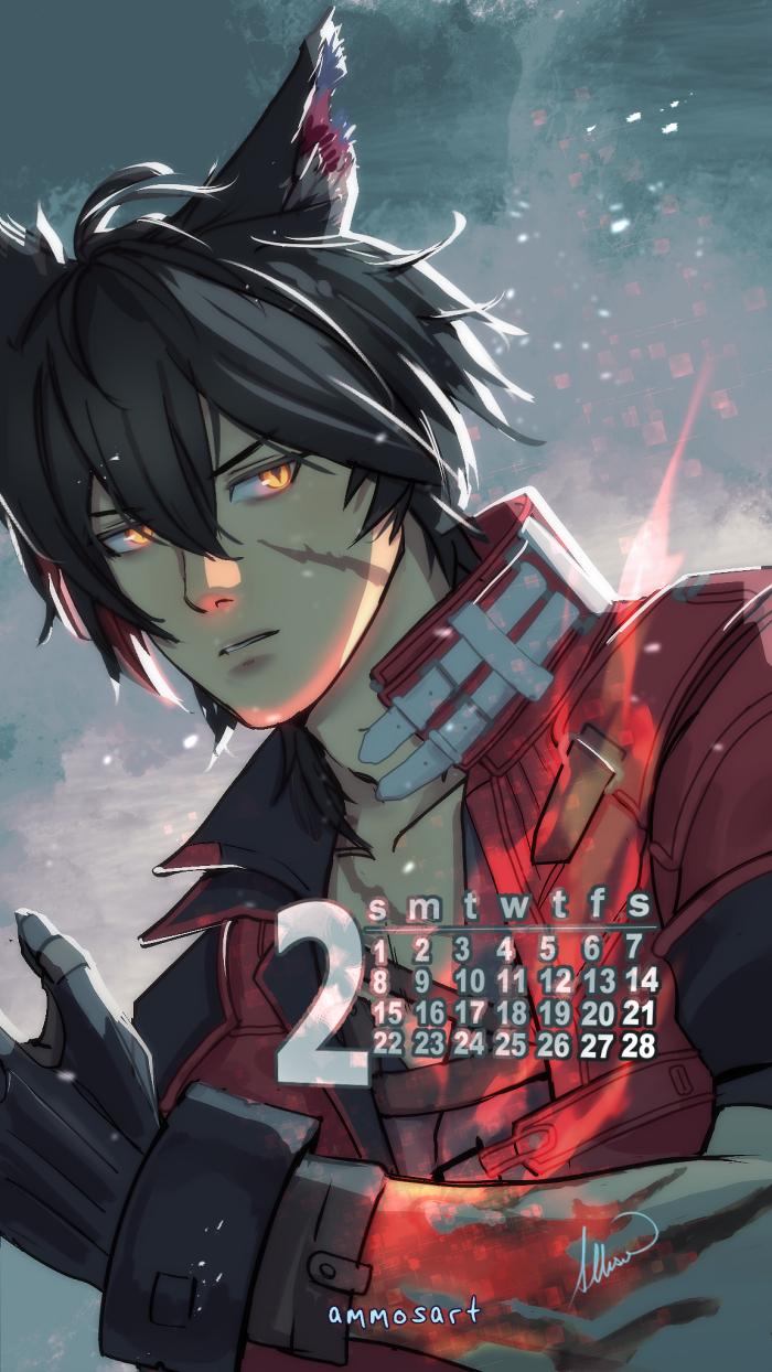 digital art sketch of Wulfgard from Arknights Endfield, with a february calendar overlayed