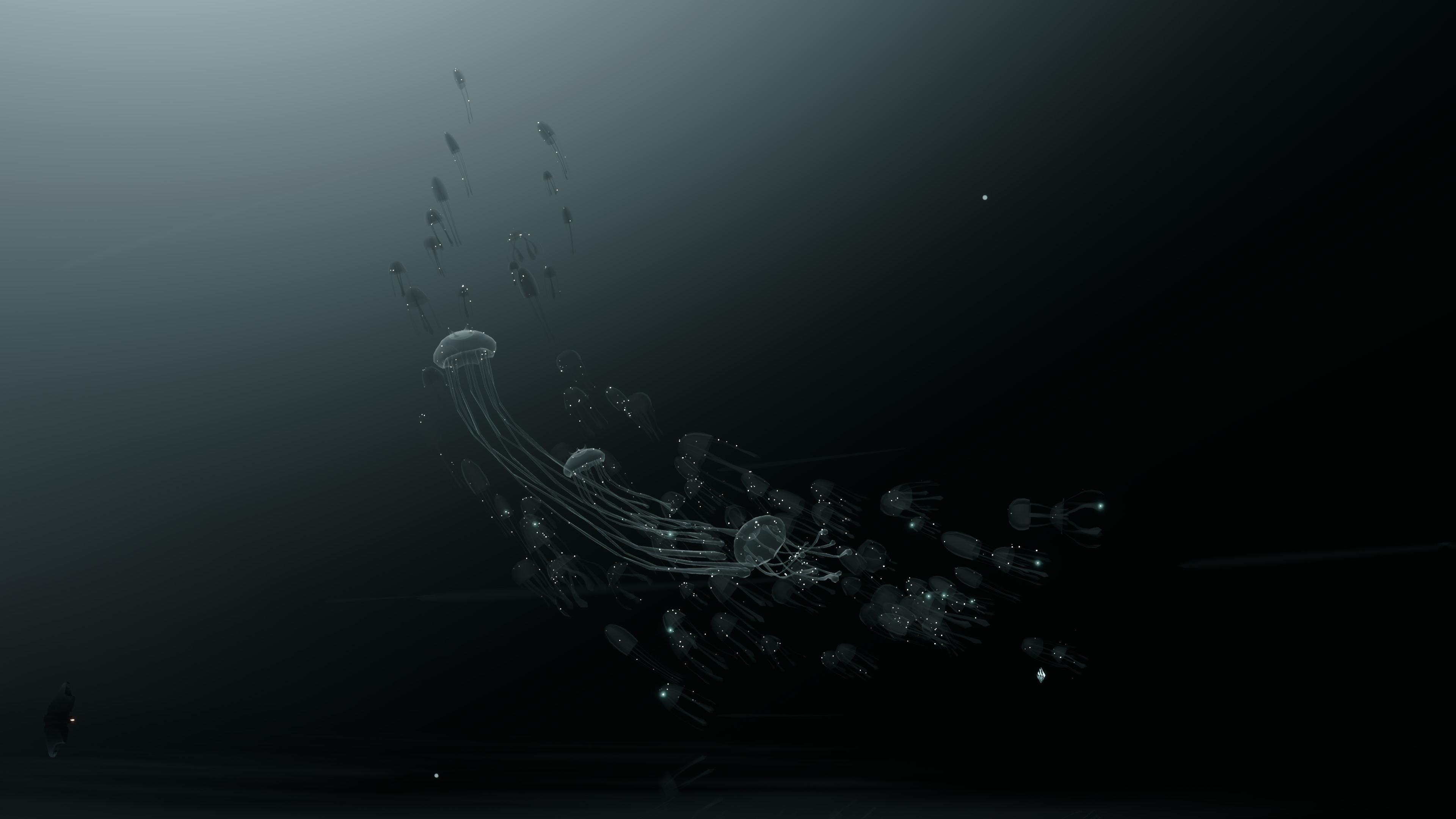 A screenshot from Sky: Children of the Light, taken with the in game camera on PC. Ghostly jellyfish ascend towards the sky within a black void. It is the memory of the jellyfish, from the games Season of Shattering.