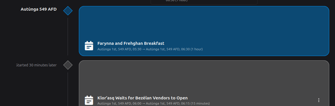 It's just a screenshot of two timeline entries one above the other. One in a blue box, the other in a grey one.

I've put example events in and the times, dates etc are in my fictional world. But they are just examples so explaining them even more wouldn't improve understanding IMHO.