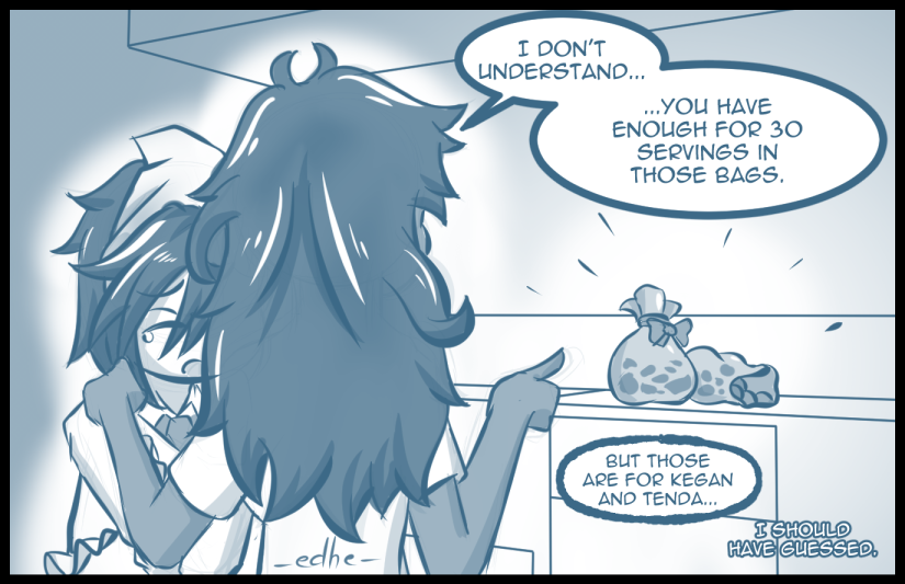 “I don’t understand…” Nath says, still hugging her distraught sister, as she points to a couple of huge bags full of chocolate sitting on the kitchen counter. “...you have enough for 30 servings in those bags.”

“But those are for Kegan an Tenda…”

“I should have guessed.”