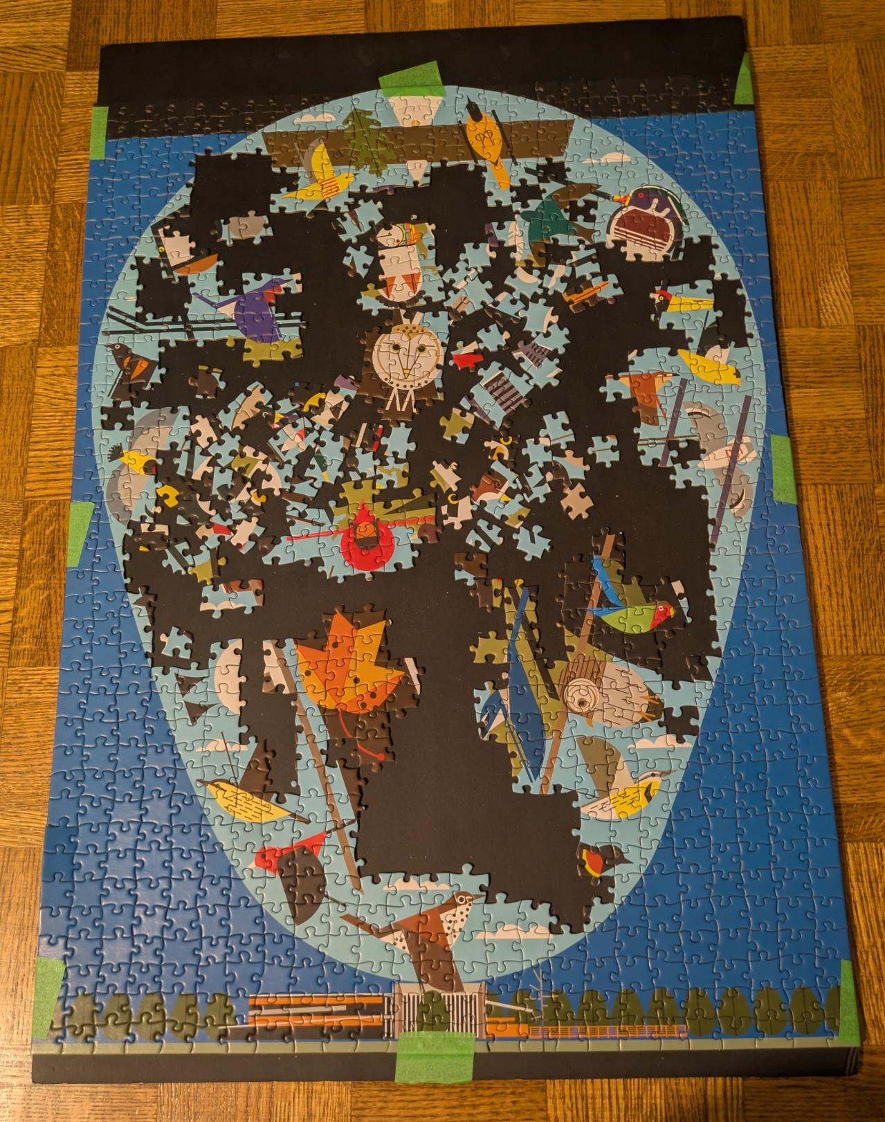Top down shot of a partially completed jigsaw puzzle. It's a bunch of stylized birds on a blue background. It's about 60% complete.