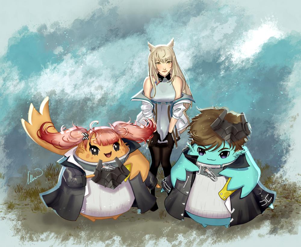 digital sketch of Riku and Manana dressed as Endmins, and Mio dressed as Perlica from arknights endfield