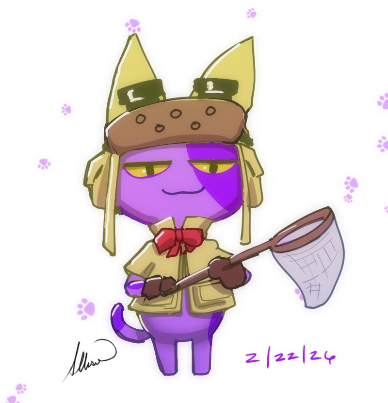 digital sketch of Bob from animal crossing dressed as a palico from monster hunter world