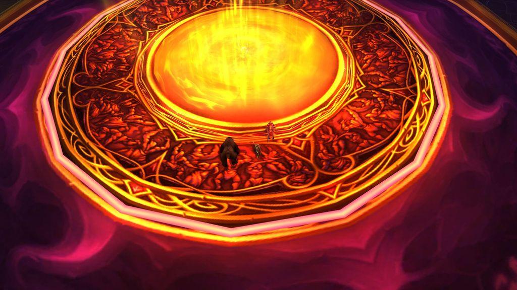 Screenshot from video game World of Warcraft. The bright yellow and orange Sunwell sits in the middle of an artwork featuring humanoid figures fighting, ringed with gold filigree. Around that is a hot pink and purple rug with a pattern resembling tendrils. Lore figure Lady Liadrin kneels beside the Sunwell. A Blood Elf Hunter player character and her bear pet stand beside Liadrin.