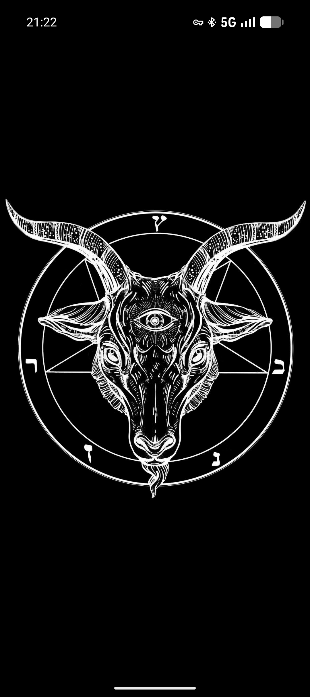 A screen shot of my phone. The background is black, with a white representation of Baphomet, a stylized picture of a goat inside a pentagram. It's Satan. Hail Satan.