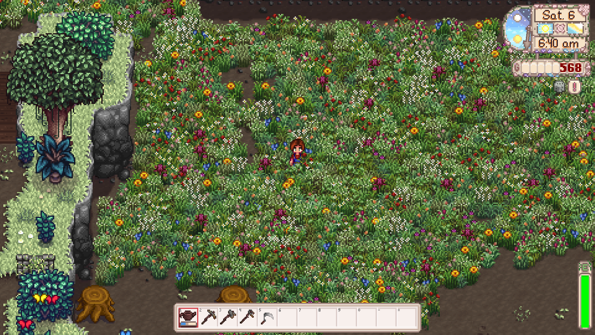 A screenshot from Stardew Valley. The player's farmer is in the middle of their farm, surrounded by grass and wildflowers.