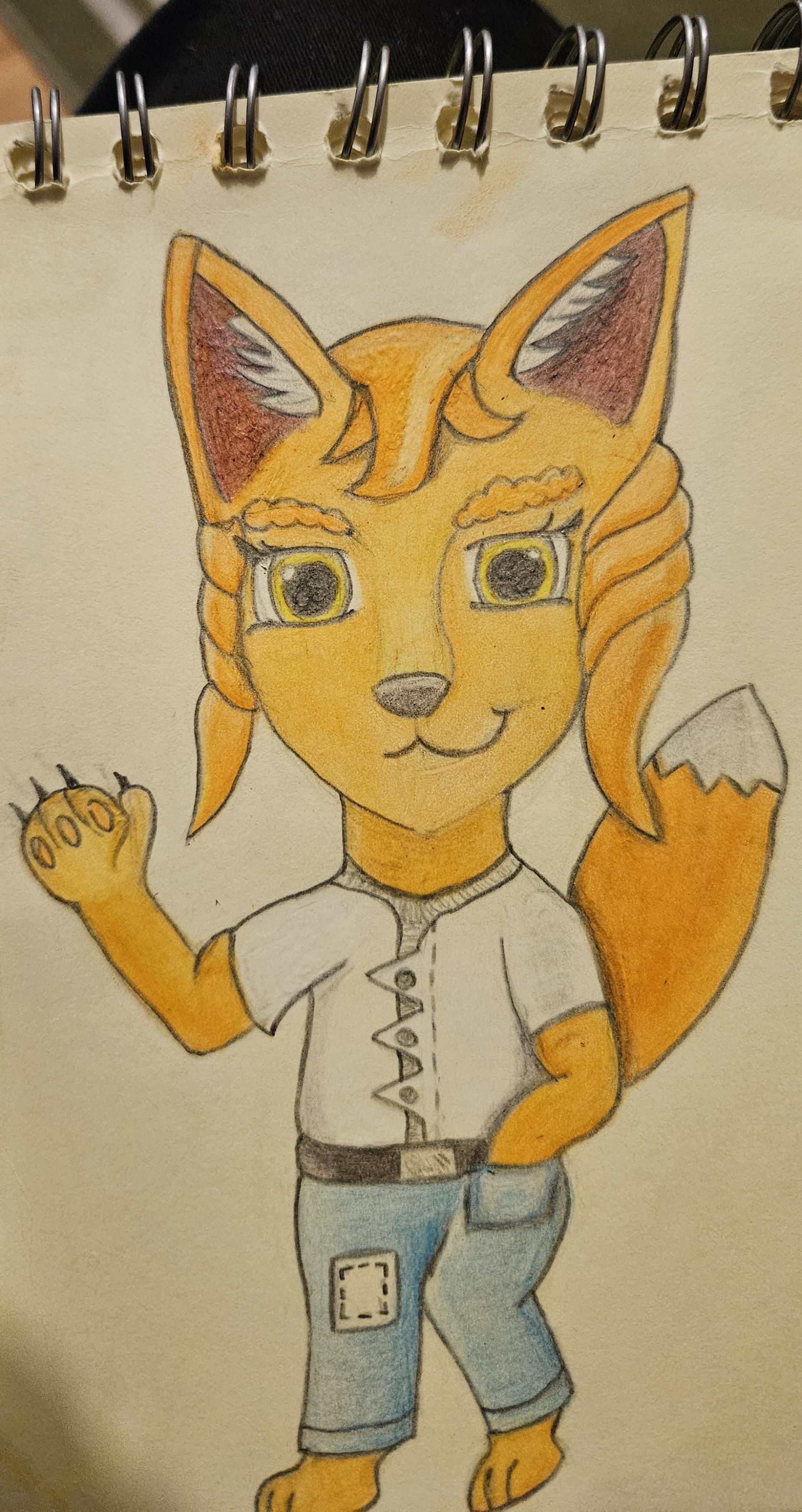 A hand-drawn cartoon orange fox character, who is standing upright like a human. They're wearing a white, short-sleeved shirt and blue jeans, with one paw in a pocket. They're wearing no footwear, so both feet paws are visible. The character is waving towards you, showing their pads (toe beans) on that hand-paw.